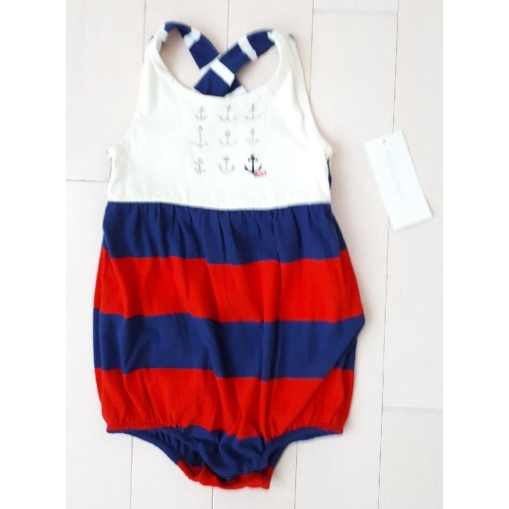 RALPH LAUREN BABY Girl Stripe Nautical ROMPER One Piece ANCHOR Cotton (9 Months)